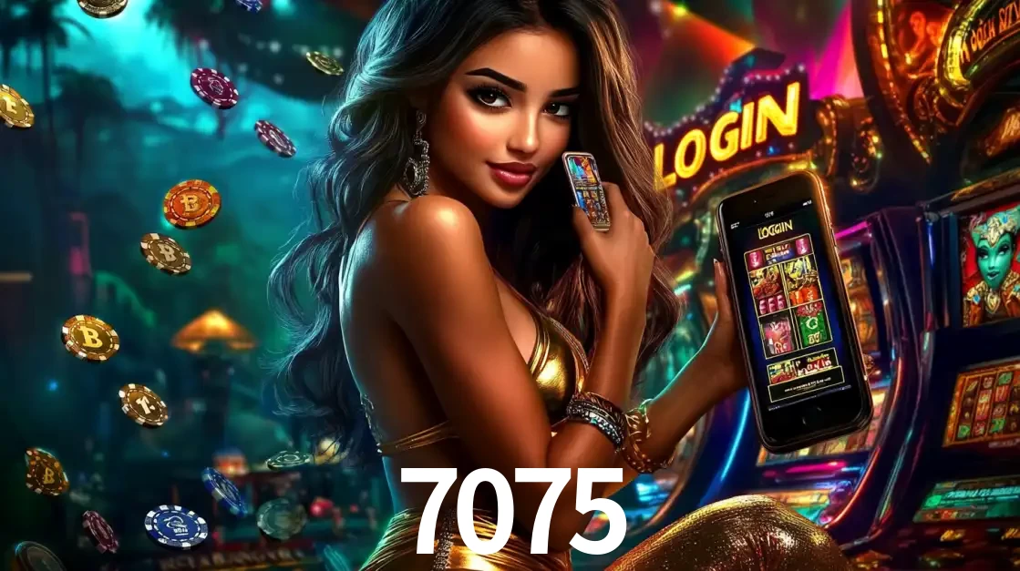 Mulher em um cenário de cassino temático de aventura, mostrando o app de caça-níqueis da 7075 no celular. Fichas de apostas flutuam ao redor.